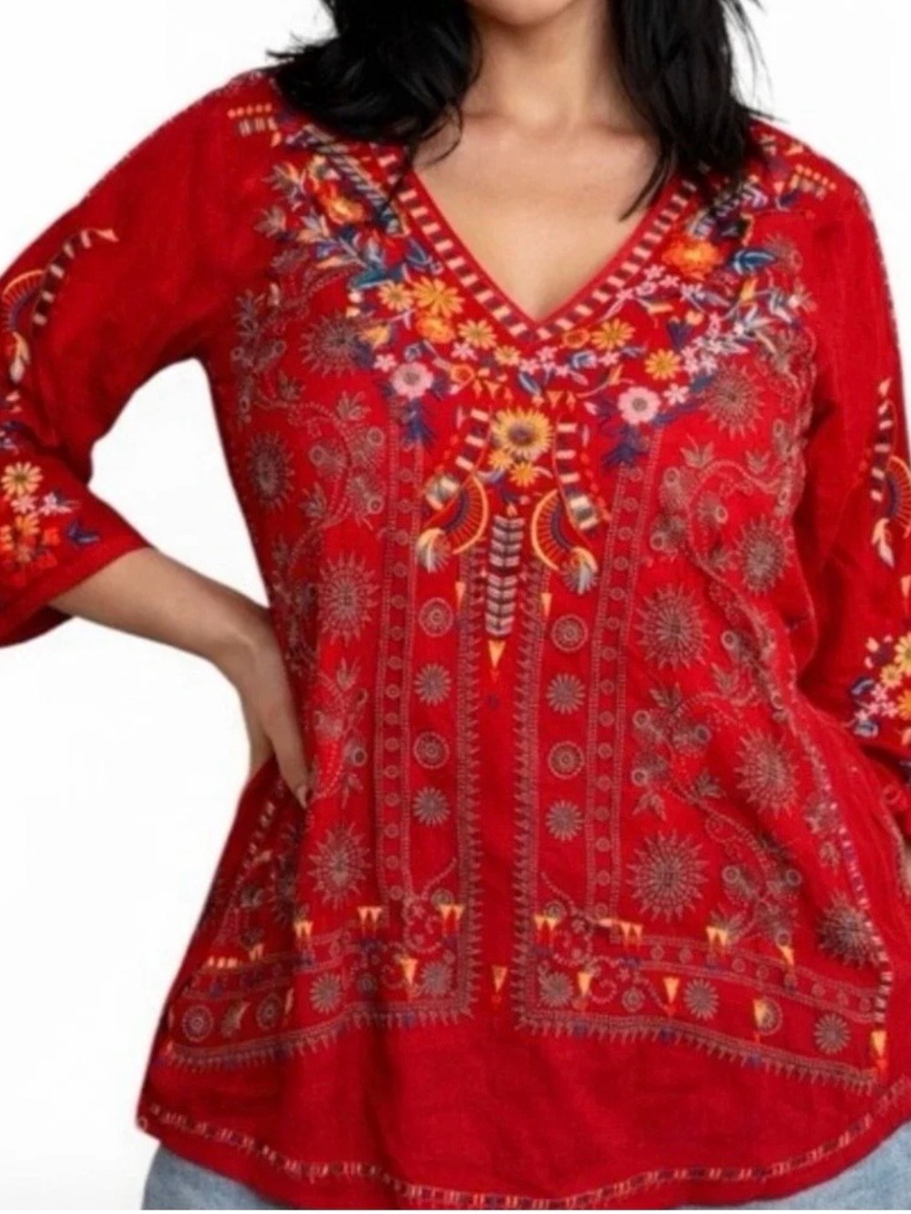 Johnny Was Womens Red Embroidered Floral V-Neck Tunic Blouse 3/4 Sleeve M